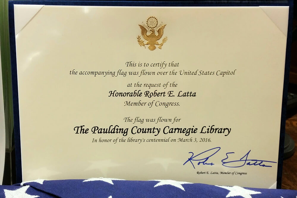 Paulding County Carnegie Library Certificate